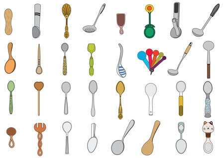 Kids drawing Cartoon Vector illustration Set Different Types spoon Isolated in doodle styleのイラスト素材
