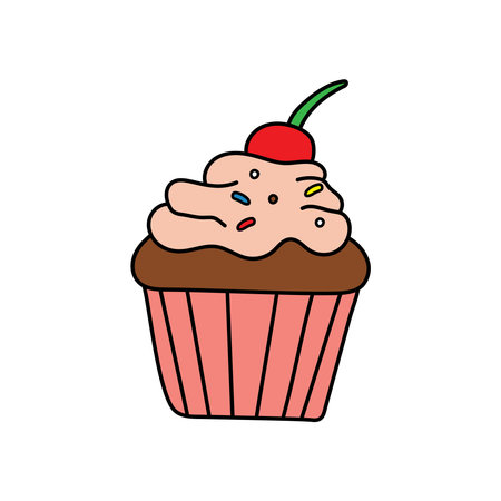 Kids drawing Cartoon Vector illustration cherry chocolate cupcake icon Isolated on White Background