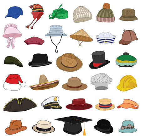 set different types hats Isolated on White Backgroundのイラスト素材