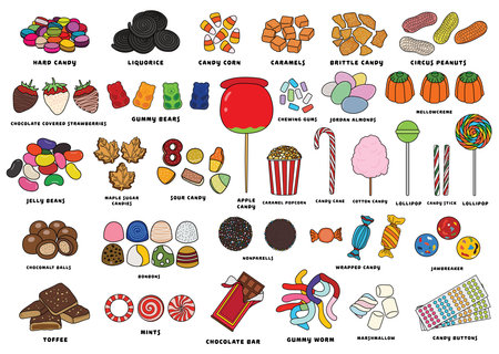 set different types Of candy Collection icon set different types Of sweets in doodle styleのイラスト素材