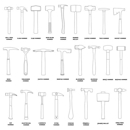 Hand drawn Kids drawing Cartoon Vector illustration Set Different Types Hammer icon Isolated on White Backgroundのイラスト素材