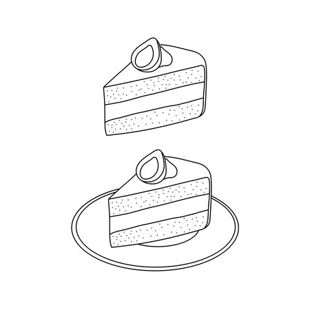 Hand drawn Kids drawing Cartoon Vector illustration cake slice witch cream and strawberry icon...