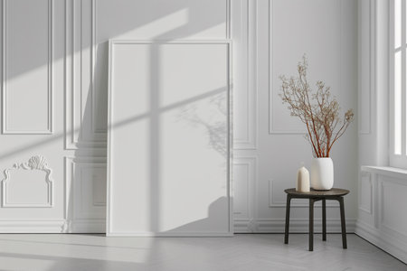 Interior of modern white room with white walls, parquet floor, round coffee table and vase with dried flowers. 3d renderの素材