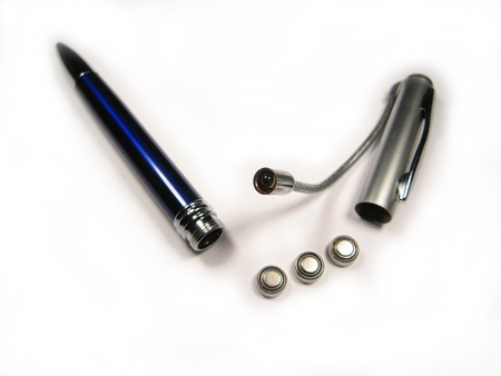 opened blue pen with light and batteryの写真素材