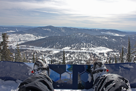 views of the mountains through the snowboard, Russia, Sheregesh(Kemerovo Region), 2013の写真素材