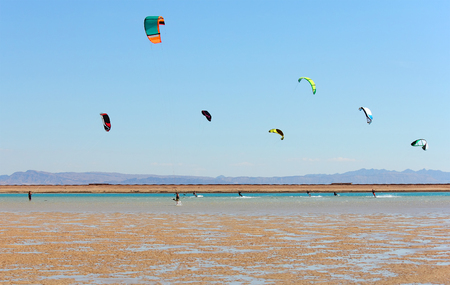 a group of kite surfers out riding in sea lagoon, Dahab, Egypt, november 2012の写真素材