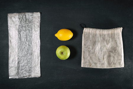fresh green apple and yellow lemon between disposable plastic package and trendy reusable eco grocery mesh, comparison, concept of conscious consumerism, sustainable living and environment pollution の写真素材
