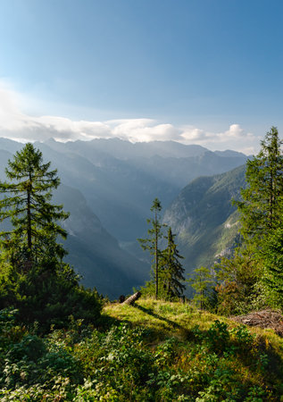 A beautiful view from a natural viewpoint in Slovenia mountains. Rays of sun shining through the mist on a very sunny day.の写真素材