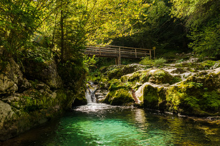 Beautiful turquoise Soca river valley with a waterfall and a wooden bridge in a forest in Slovenia. Perfect summer day.の写真素材