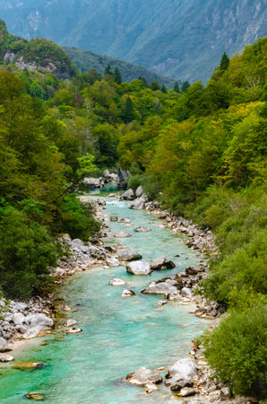 Beautiful turquoise Soca river valley in a forest with mountains in Slovenia. Perfect summer day.の写真素材