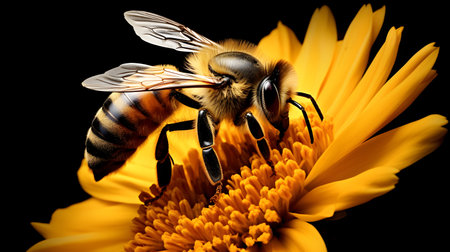 Close-up detail on a bee pollinating flower on a black background. Most important animals on the planet.の素材