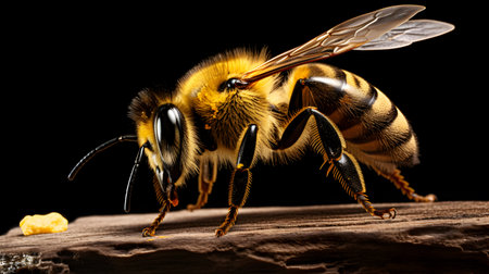 Close-up detail of a bee on a black background. Most important animals on the planet.の素材