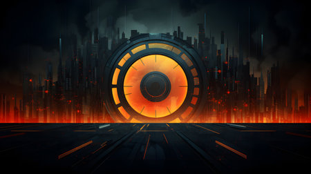 Futuristic banner of digital art. Speaker background and light effect, cyberpunk style background material with a sense of technology. Outline of city skyscrapers behind.の素材