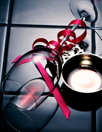 Sommelier Tools and Empty Cup of Red Wineの写真素材