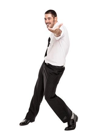 Happy Casual Business Man Dancing Isolated on Whiteの写真素材