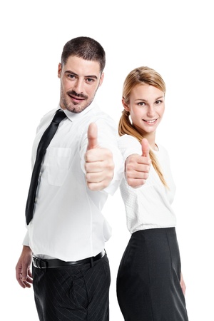 Happy Casual Business Couple Doing an OK Sign Isolated on Whiteの写真素材