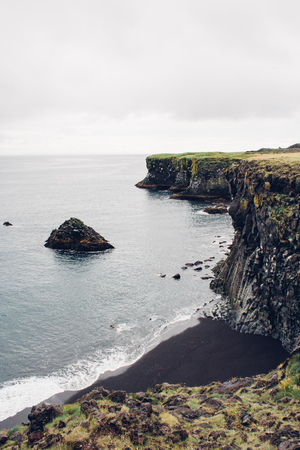 Coast with black sand beach in Icelandの写真素材