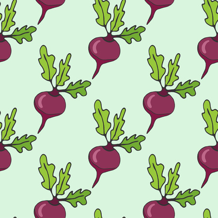 Cartoon hand drawn seamless pattern with beet vegetables. Vector illustration with healthy foodのイラスト素材