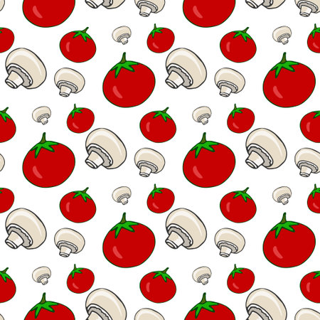 Hand drawn seamless pattern with tomatoes and mushrooms. Vector healthy vegetables Illustration for menuのイラスト素材