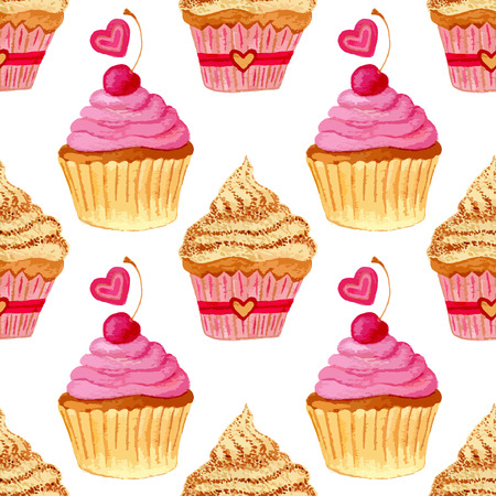Seamless pattern with hand painted watercolor cupcakes with hearts and sweet cherries. Vector background with pink colorful cakes. Print, package design, wrapping, textileのイラスト素材