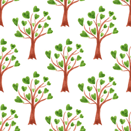 Vector watercolor trees seamless pattern. Trees with leaves in hearts. Can be used for wallpaper, fabric design, textile design, cover, wrapping paper, banner, card, backgroundのイラスト素材