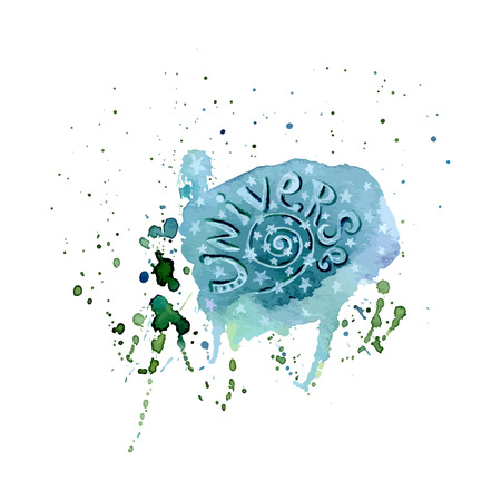 Watercolor spot. Splashes with lettering Universe. Vector watercolor artwork. Space vector watercolor design for print, postcardのイラスト素材