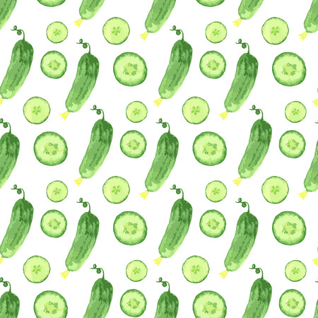 Watercolor seamless pattern with green cucumbers. Vector hand drawn healthy food illustrationのイラスト素材