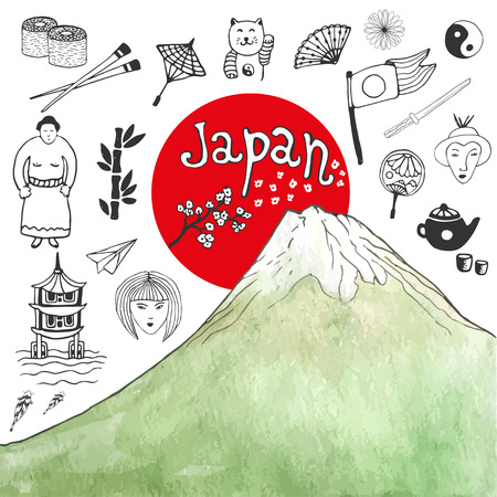 Doodle hand drawn collection of Japan icons with watercolor mountain. Japan culture elements for design. Vector illustrationのイラスト素材