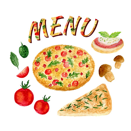 Watercolor collection of pizza set isolated. Italian ingredients set for menu. Tomato, olive, bruschetta, focaccia, mushroom and basil. Vector illustration.のイラスト素材