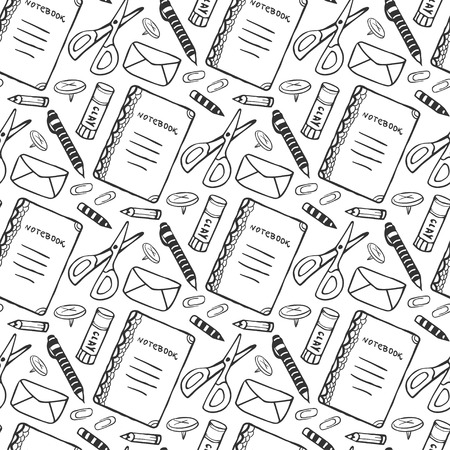 Hand drawn seamless pattern with school stationery tools. Vector black and white background in doodle style. School tools textureのイラスト素材