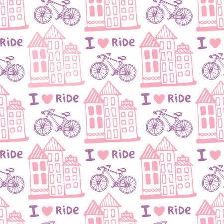 Hand drawn seamless pattern with cute houses and bicycle in pink colors. Illustration background in vector. Used for wallpaper, wrapping, web page background, surface textures, textileのイラスト素材