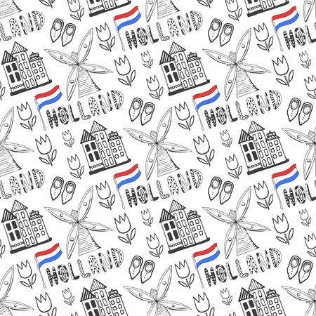 Hand drawn seamless pattern with Holland culture elements. Netherlands background for design. Vector illustrationのイラスト素材
