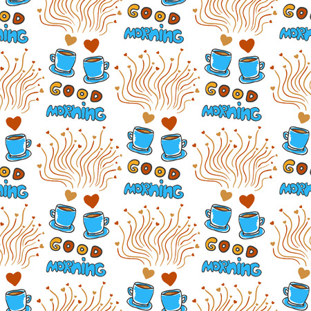 Cute seamless pattern with hand drawn sketchy tea and coffee cups, hearts and Good morning lettering. Love coffee break doodle backgroundのイラスト素材