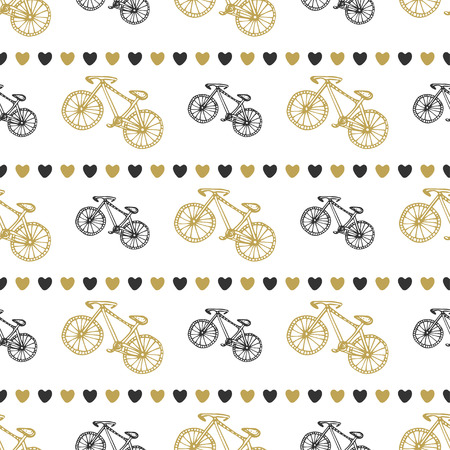 Creative hand drawn seamless pattern with bikes and hearts in black and gold colors. Vector background with bicycle. You can use for wrapping, wallpaper, textileのイラスト素材