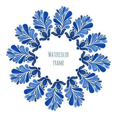 Blue traditional floral round frame in russian gzhel style or holland style. Vecor template with watercolor decoration. Can be used for greeting card, banner, souvenir designのイラスト素材