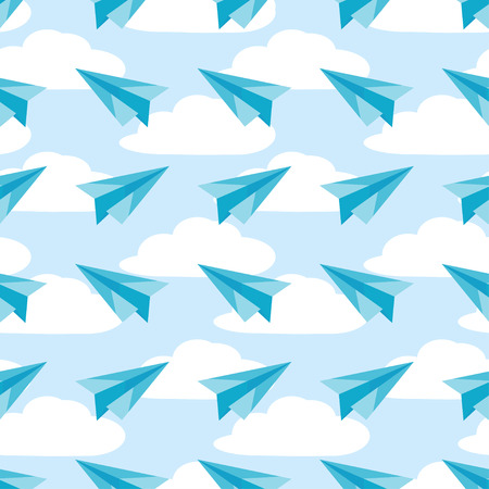 Paper planes on the sky with clouds seamless pattern. Airplanes texture vectorのイラスト素材