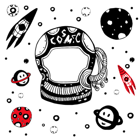 Doodle astronomical objects set. Hand drawn cosmic vector illustrationのイラスト素材