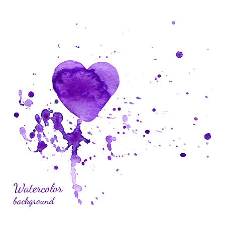 Watercolor Valentines Day Heart with a hand-drawn painted violet watercolor heart with violet and pink splashes on white background. Vector illustrationのイラスト素材