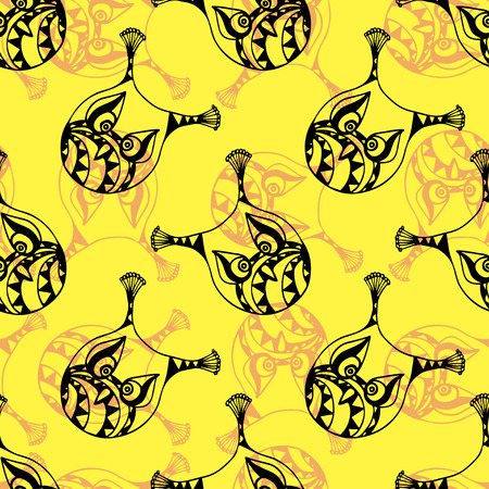 The vector seamless pattern with funny doodle owls on yellow background . Vector hand drawnのイラスト素材