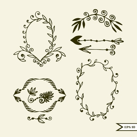 Hand drawn vector set of vintage design elements for wedding, greting card, poster. Vector setのイラスト素材