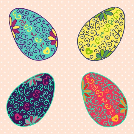 Easter eggs set in doodle style with lettering- Easter. Easter template design, greeting card. Abstract retro colorful shape.のイラスト素材