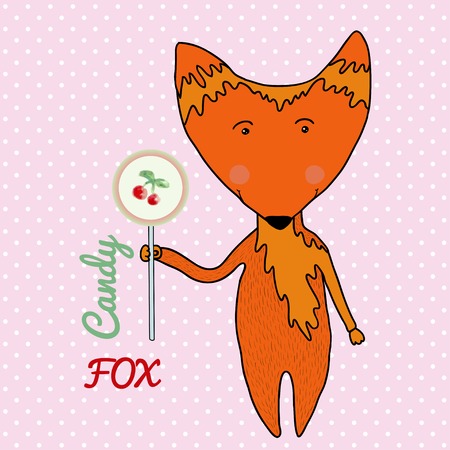 Cute candy little Fox. Kids birthday card design.Vector illustrationのイラスト素材