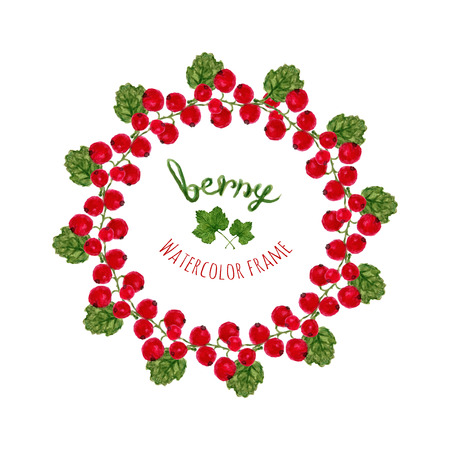 Vector illustration with watercolor red currants frame. Hand drawn berry for farmers market,  herbal tea, eco product design, soap package, etc. Organic food decoration.のイラスト素材