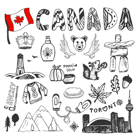 Sketch hand drawn collection of Canada symbols. Canadian culture set elements for design. Vector travel illustration with doodle letteringのイラスト素材
