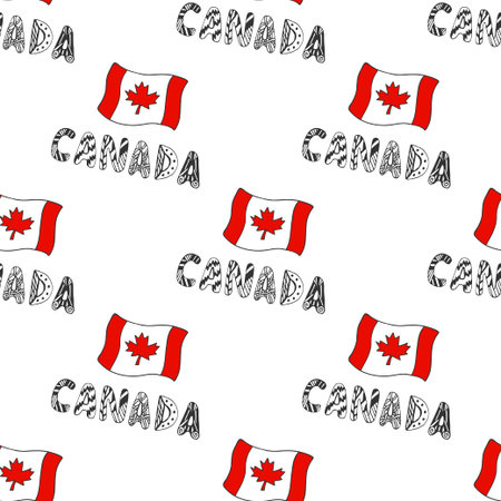 Hand drawn seamless pattern with Canada flag and doodle lettering. Canadian background with national flag for design. Vector illustrationのイラスト素材