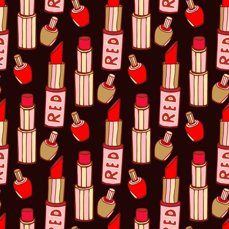 Seamless pattern with  red lipsticks and nail varnishes. Hand drawn fashion vector texture on dark background.のイラスト素材