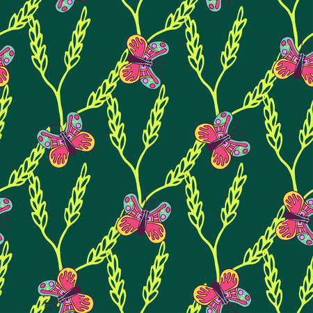 Seamless vector green nature background with colorful butterflies and brunchのイラスト素材