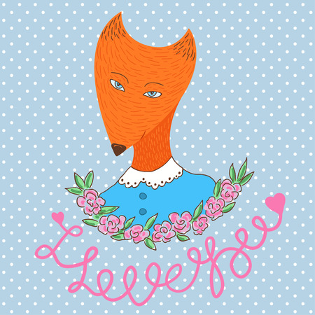 Cute happy woman fox in polka dot blue background.  Print love fox vector illustrationのイラスト素材