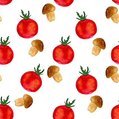 Watercolor seamless pattern with tomatoes and mushrooms. Vector Illustrationのイラスト素材
