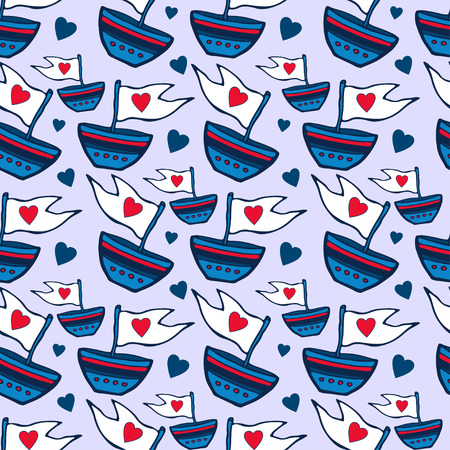 Seamless pattern with ships hand drawn. Kids red and blue seamless pattern can be used for pattern fills, wallpapers, web page backgrounds.のイラスト素材